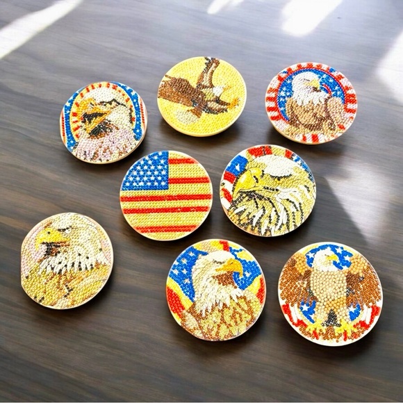 Patriotic Eagle Coaster Set of 8 w/ Holder, Hand Crafted Diamond Art 4” Round - Picture 1 of 4